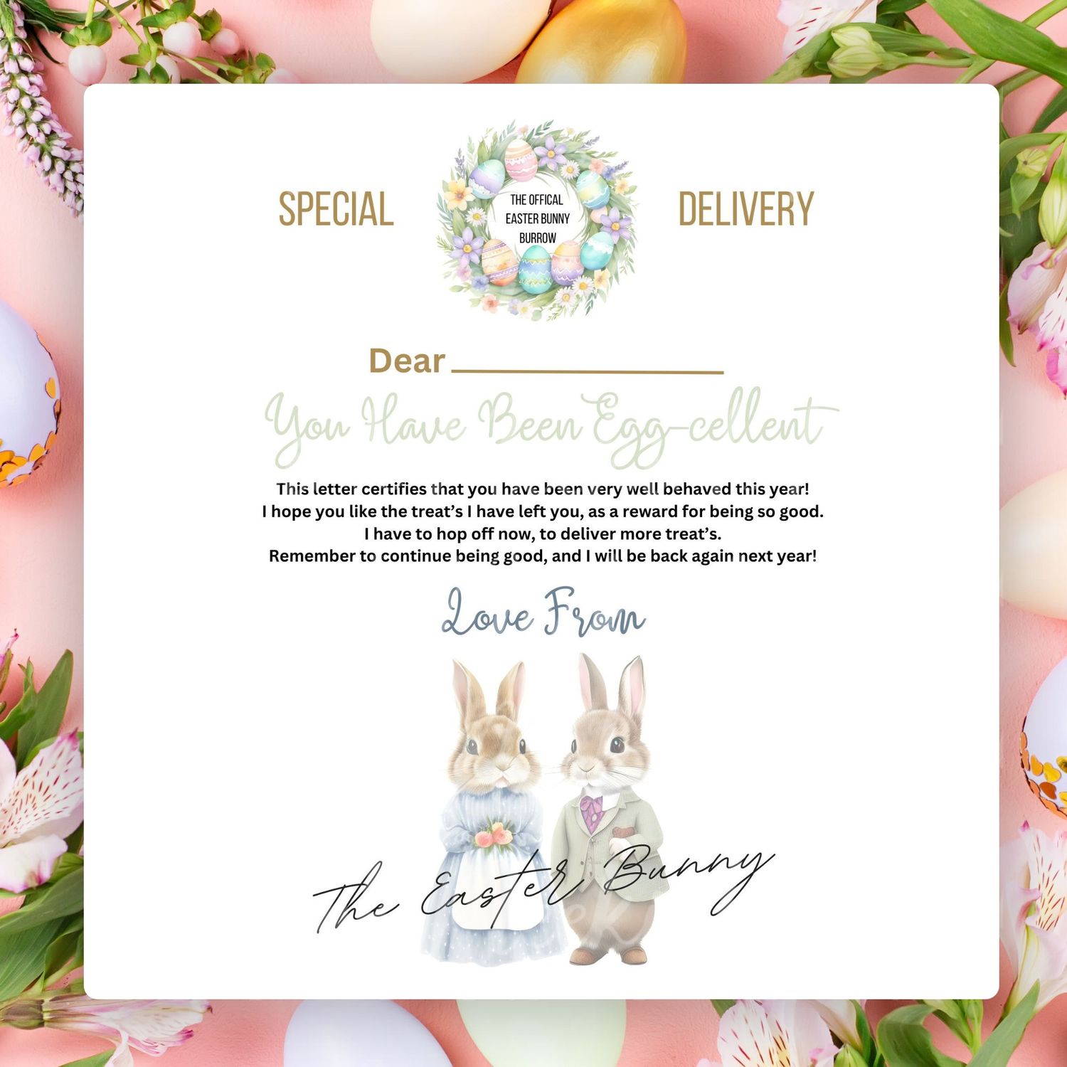 Easter Bunny Certificate Of Egg-Cellent Behaviour JPG File