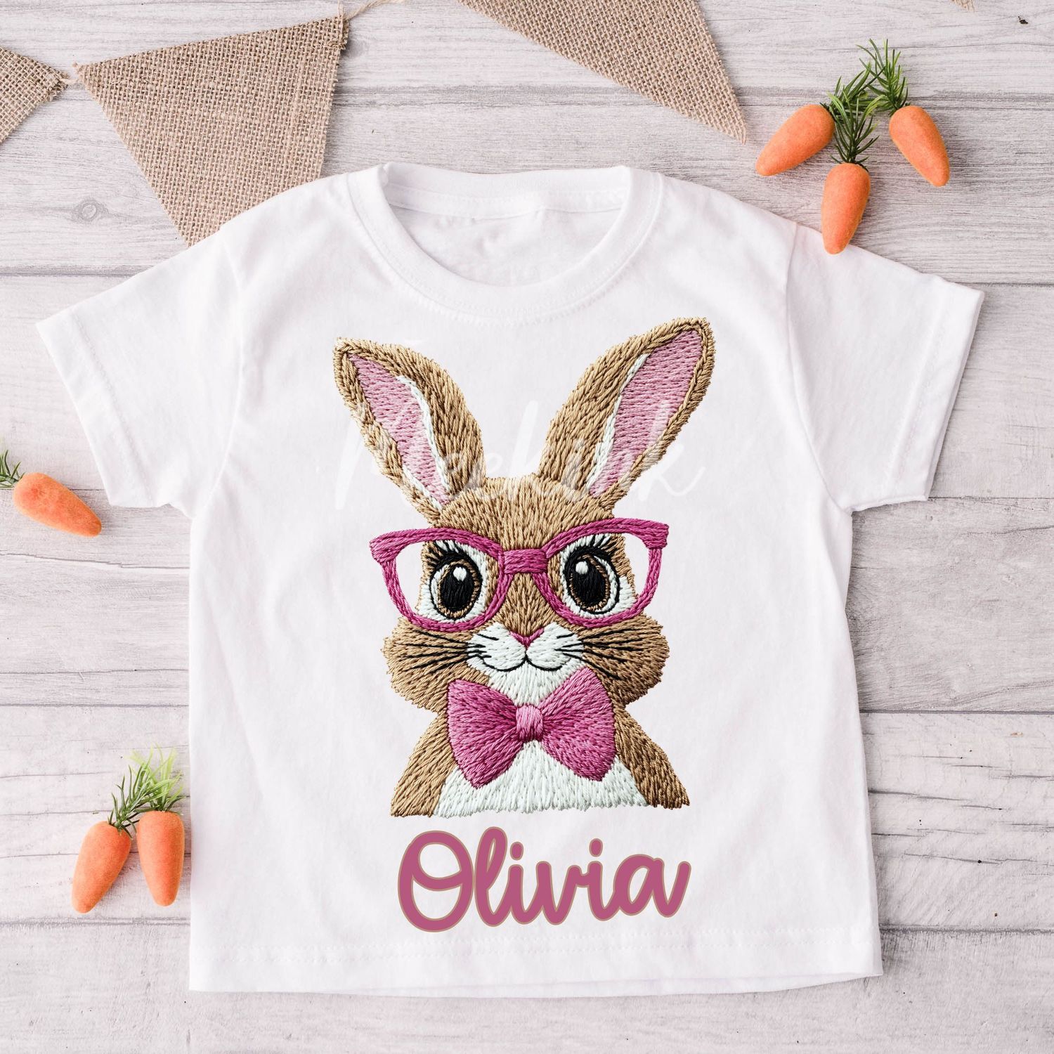 Faux Embroidery Effect Pink Rabbit Personalised DTF Decal