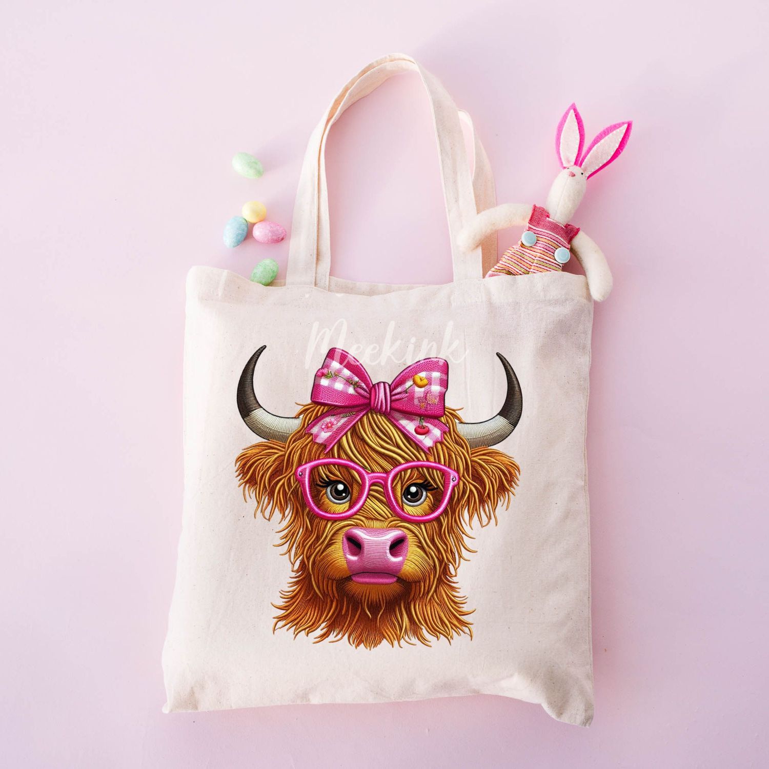 Glitter Faux Embroidery Effect Pink Highland Cow DTF Decal