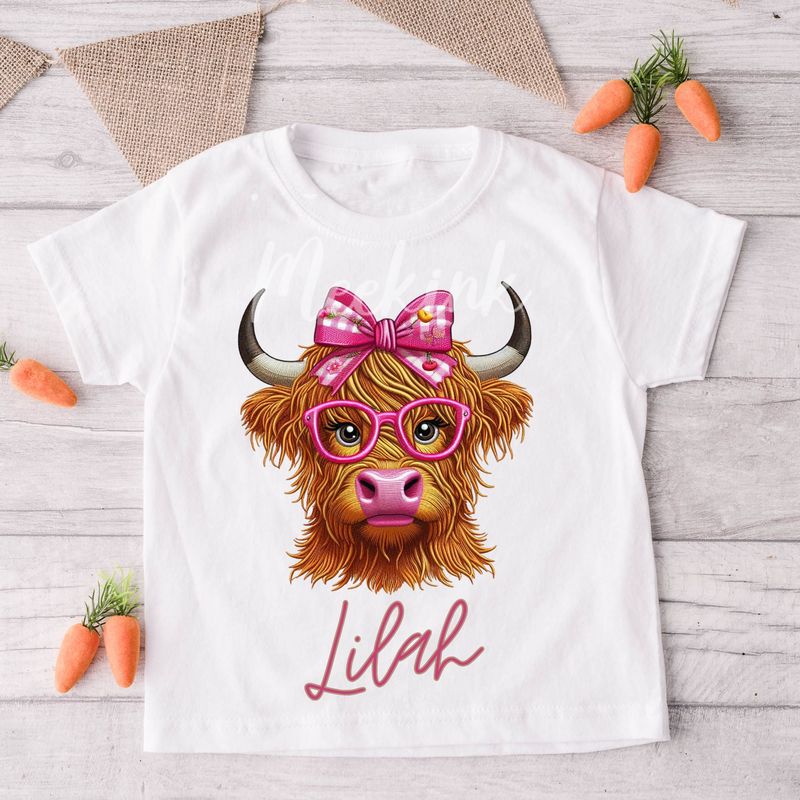Faux Embroidery Effect Pink Highland Cow Personalised DTF Decal