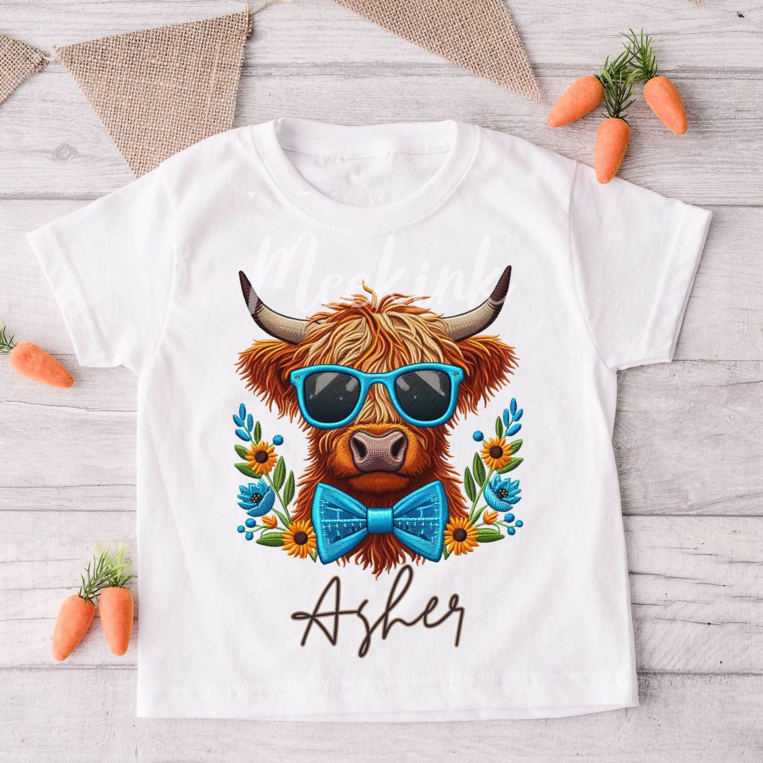 Faux Embroidery Effect Blue Highland Cow Personalised DTF Decal