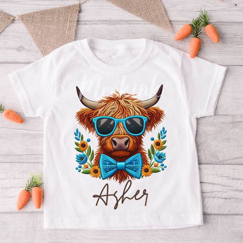 Faux Embroidery Effect Blue Highland Cow Personalised DTF Decal