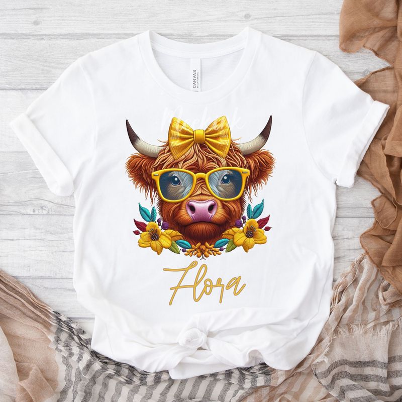 Faux Embroidery Effect Yellow Highland Cow Personalised DTF Decal