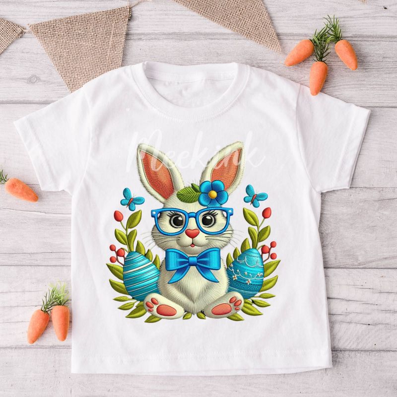 Faux Embroidery Effect Blue Cute Rabbit 2 DTF Decal