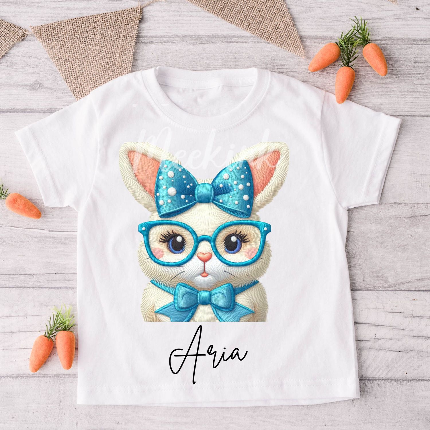 Faux Embroidery Effect Blue Bow Rabbit Personalised DTF Decal