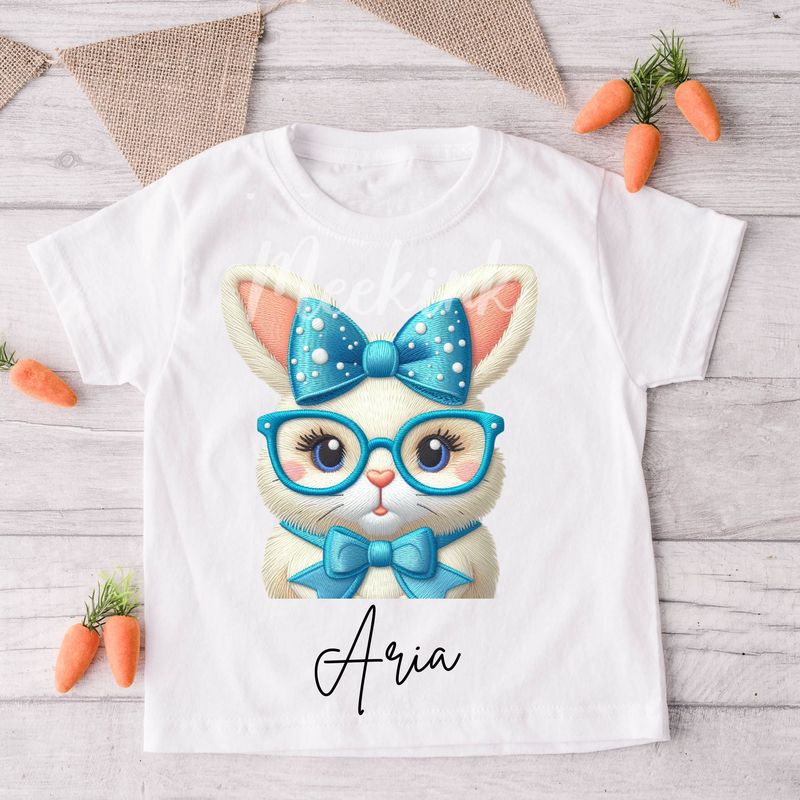 Faux Embroidery Effect Blue Bow Rabbit Personalised DTF Decal