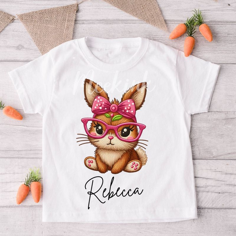 Faux Embroidery Effect Pink Bow Bunny Personalised DTF Decal
