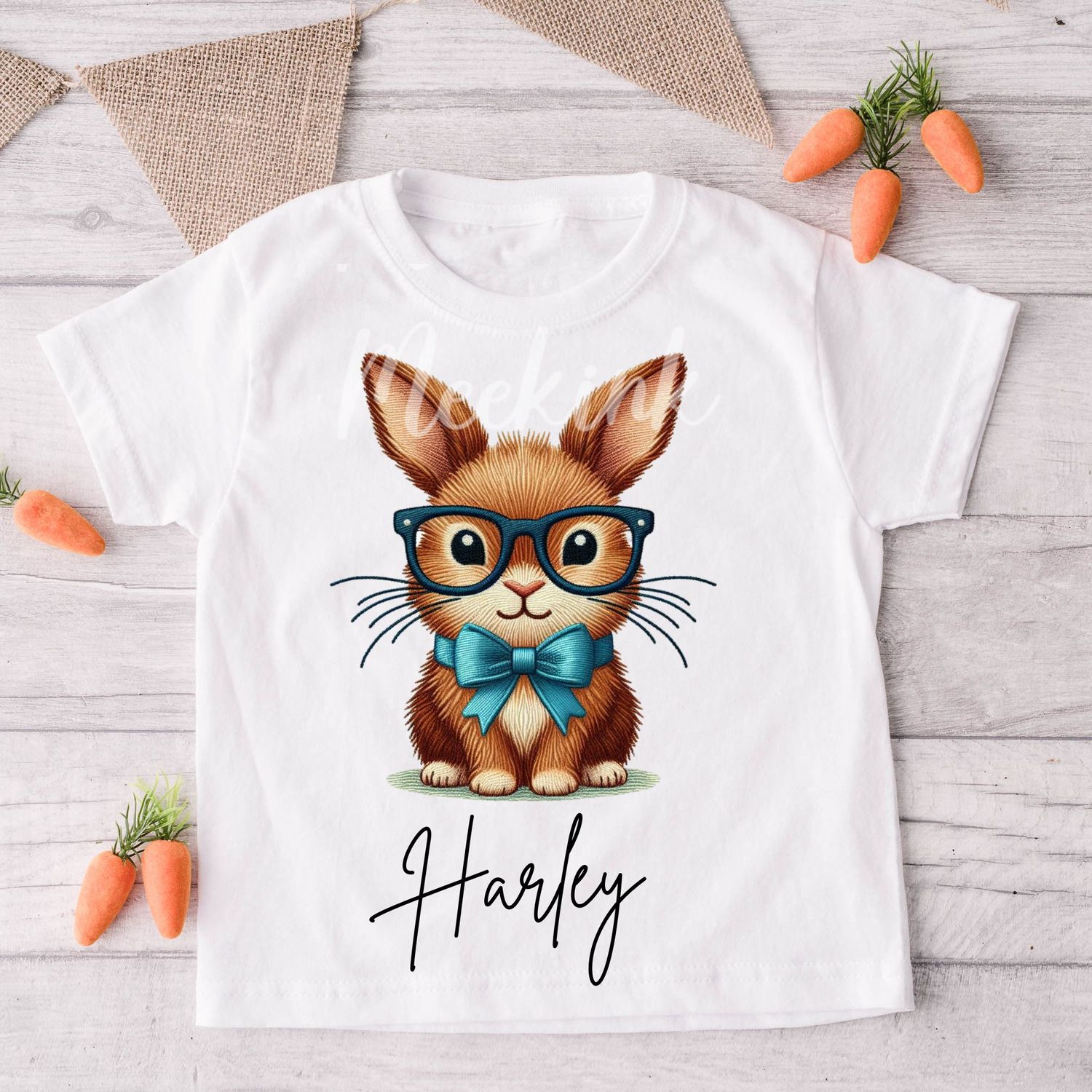 Faux Embroidery Effect Teal Bow Bunny Personalised DTF Decal