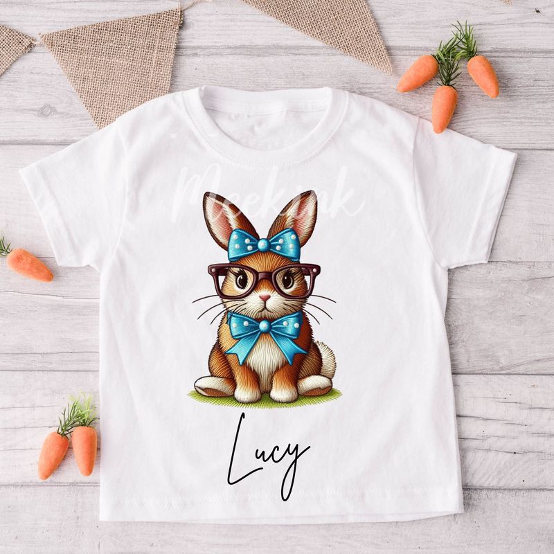 Faux Embroidery Effect Blue Bow Bunny Personalised DTF Decal