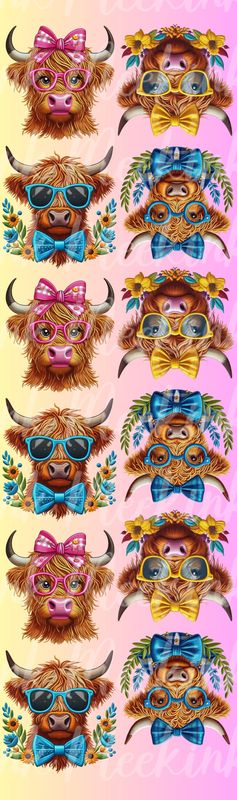 1 Meter Mixed Faux Embroidery Effect Patch Mixed Highland Cows DTF Decal