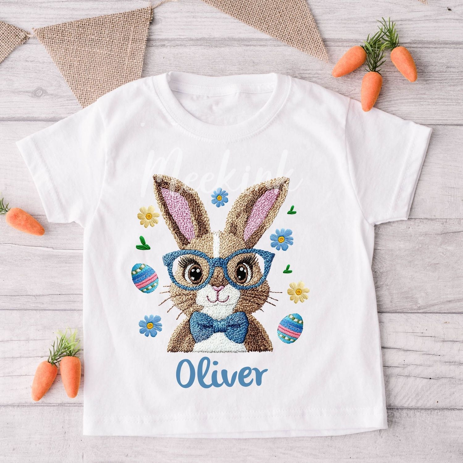 Faux Embroidery Effect Blue Easter Design Rabbit Personalised DTF Decal