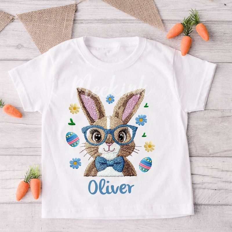 Faux Embroidery Effect Blue Easter Design Rabbit Personalised DTF Decal