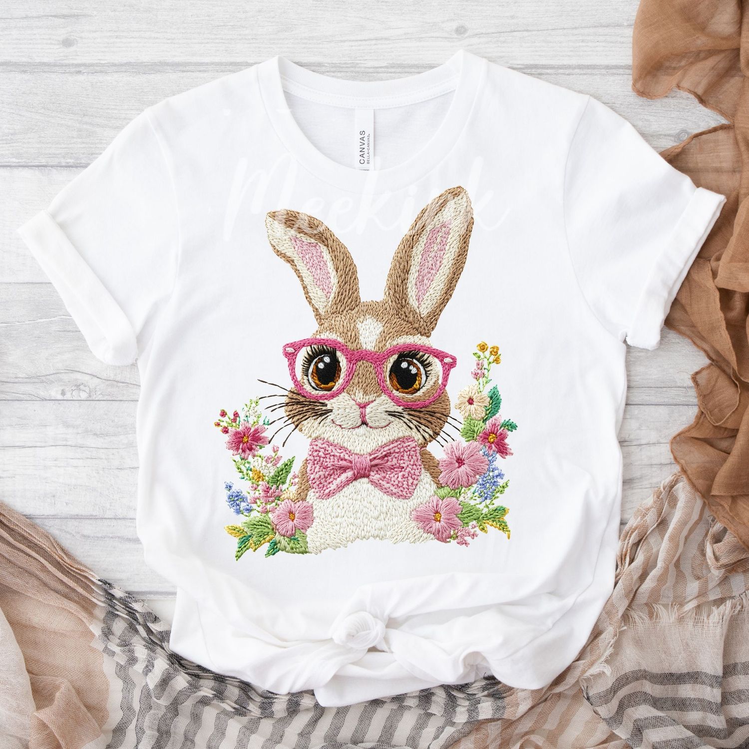 Faux Embroidery Effect Pink Floral Rabbit Personalised DTF Decal