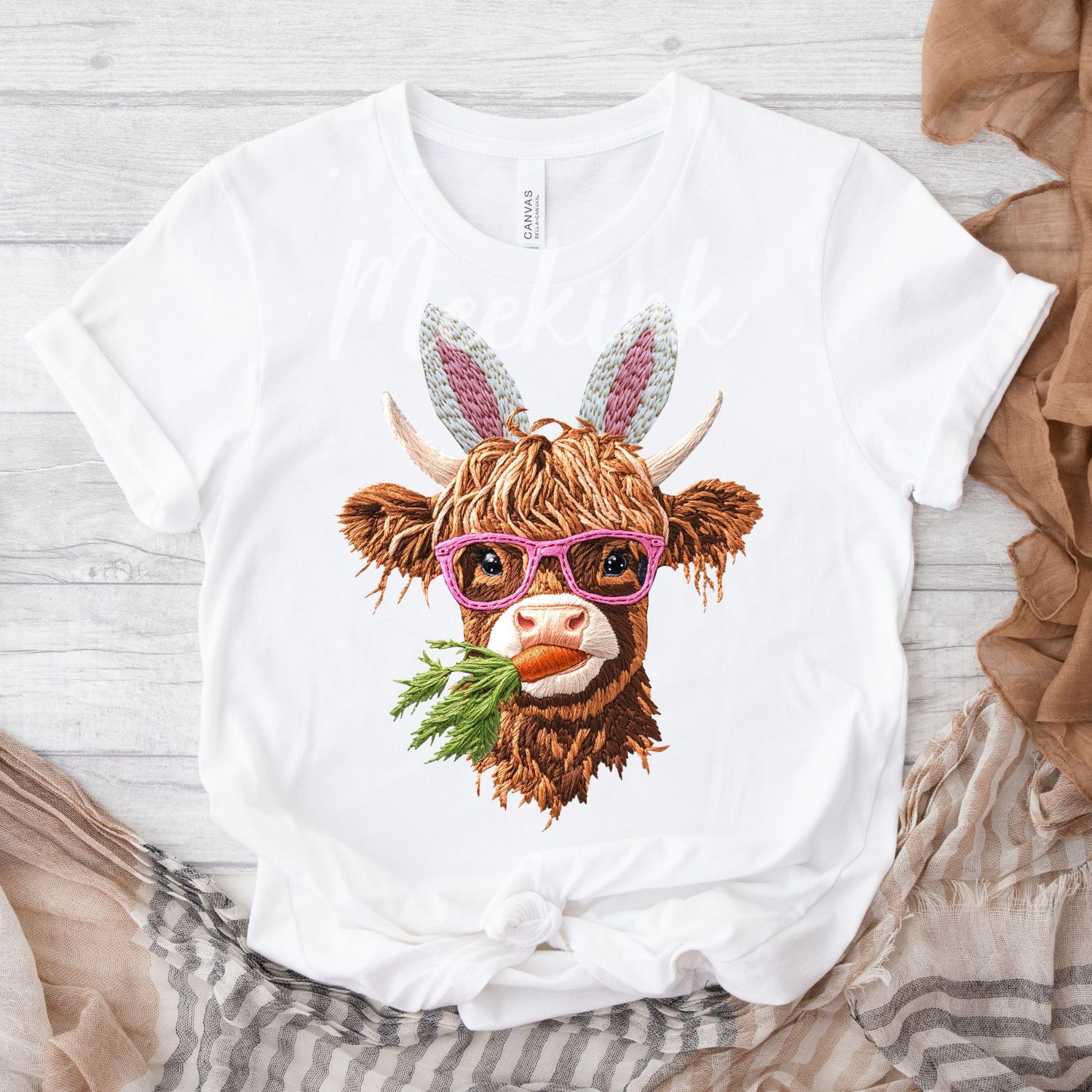Faux Embroidery Effect Easter Highland Cow Bunny Ears Personalised DTF Decal
