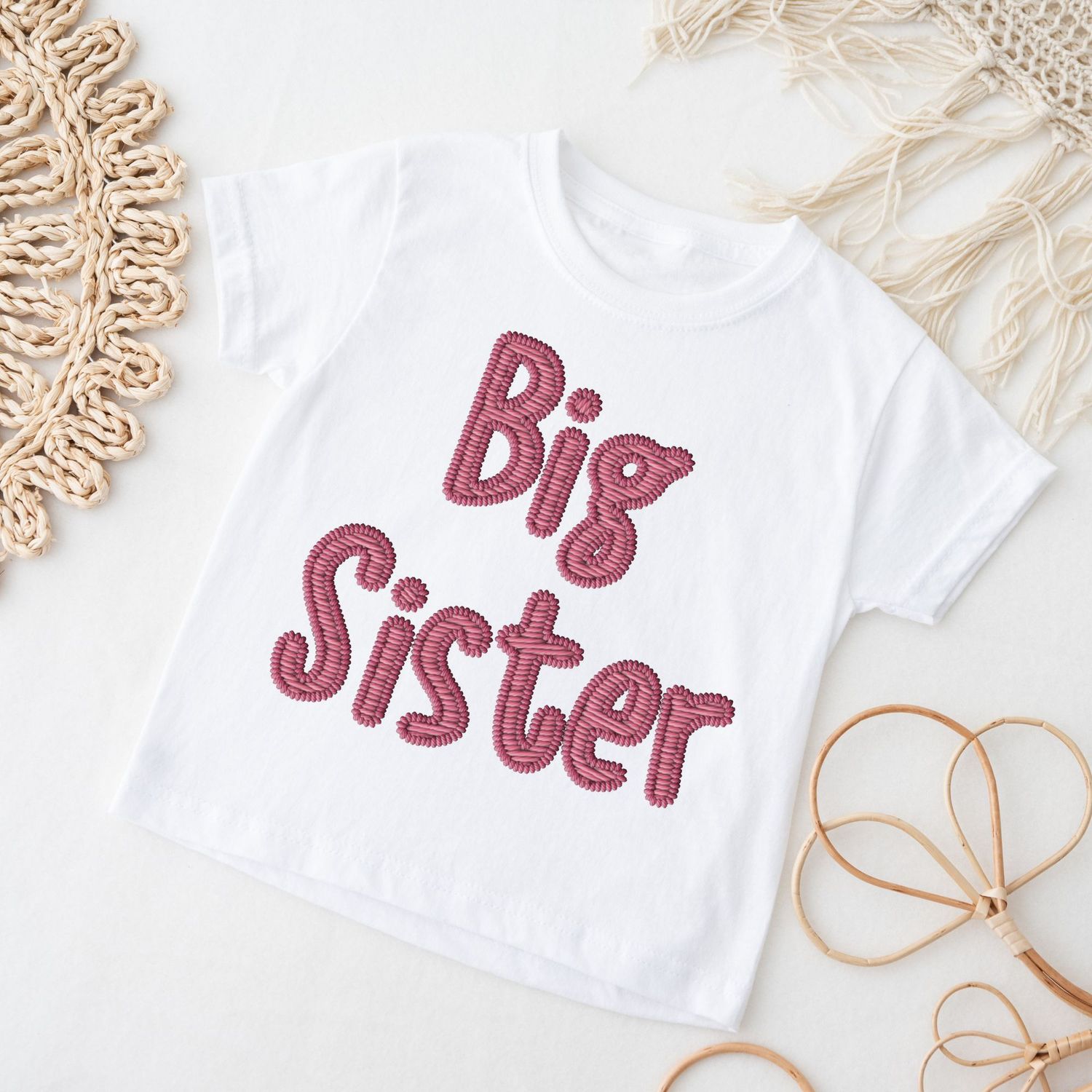 Faux Embroidery Effect Big Sister Pink DTF Decal