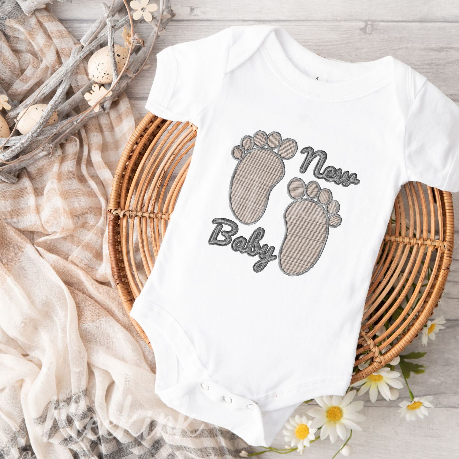 Faux Embroidery Effect New Baby Neutral DTF Decal
