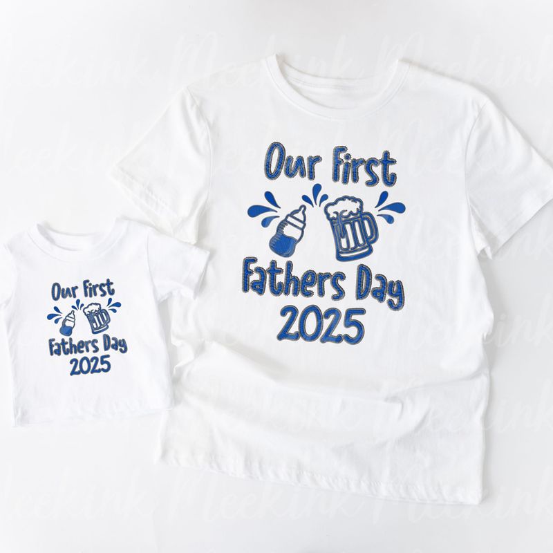 1st Father&#39;s Day Drink Blue Faux Embroidery Effect DTF Decal