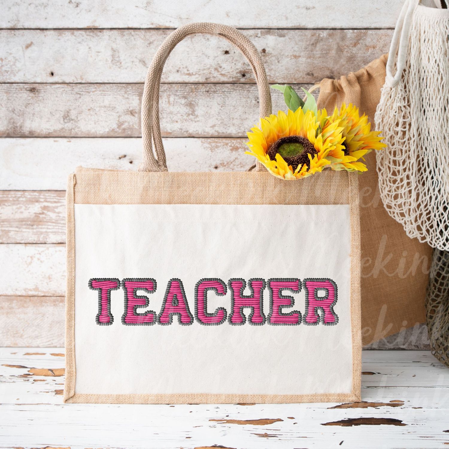 Faux Embroidered Effect Personalised Teacher Pink DTF Decal