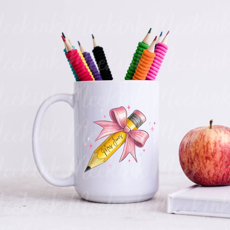 Teacher Personalised Pink Bow Pencil UVDTF or DTF Decal