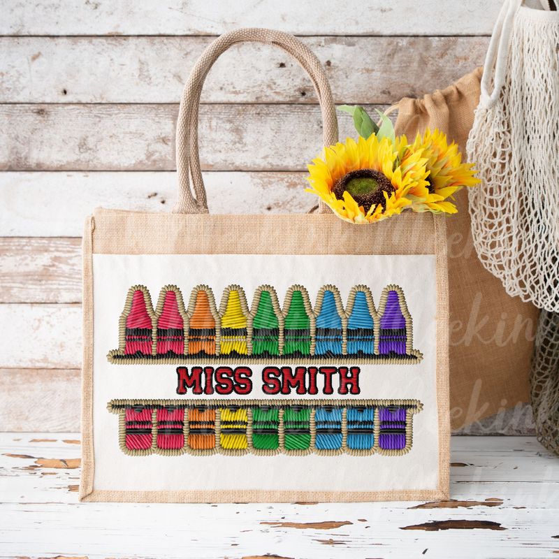 Faux Embroidered Effect Personalised Teacher Crayons DTF Decal