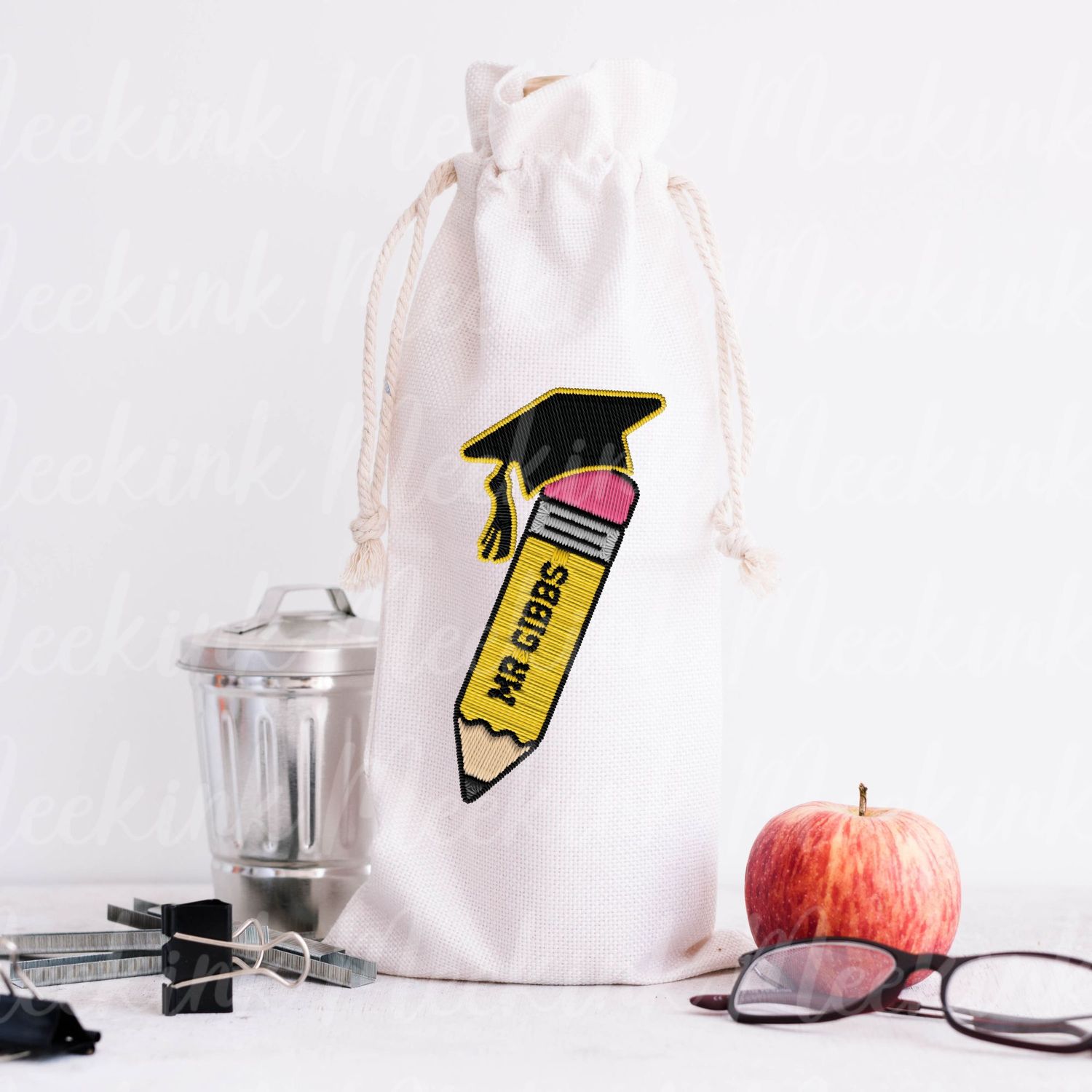 Faux Embroidered Effect Personalised Teacher Hat Pencil DTF Decal