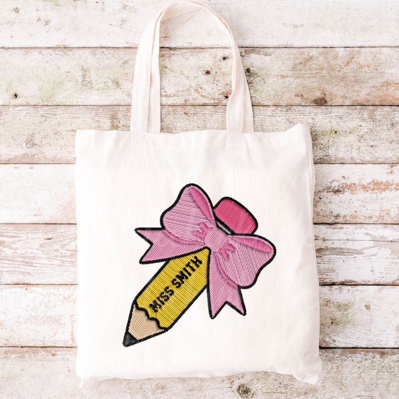 Faux Embroidered Effect Personalised Teacher Bow Pencil DTF Decal