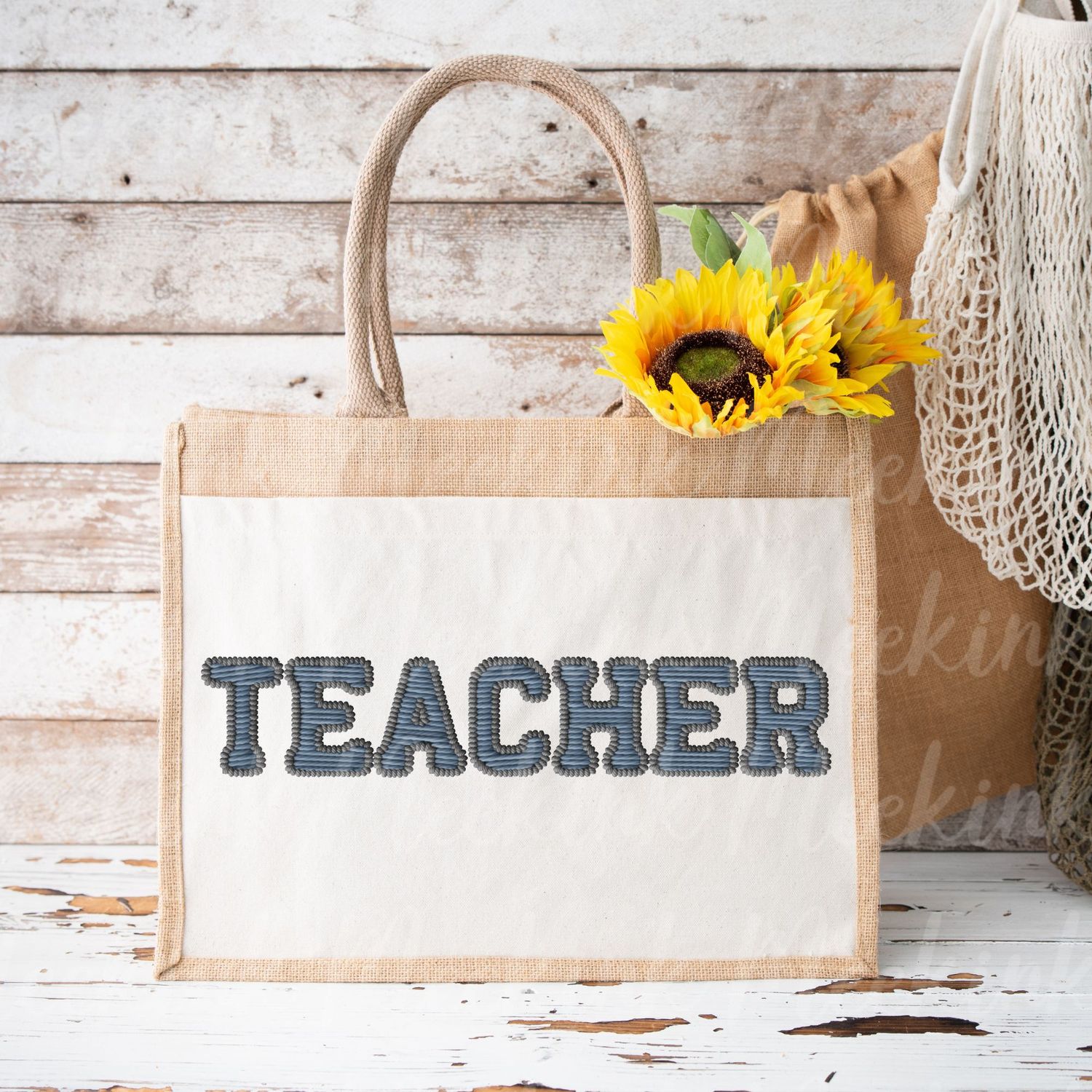 Faux Embroidered Effect Personalised Teacher Blue DTF Decal