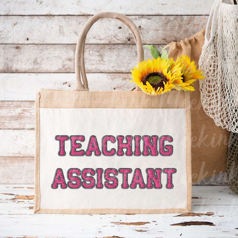 Faux Embroidered Effect Personalised Teaching Assistant Pink DTF Decal