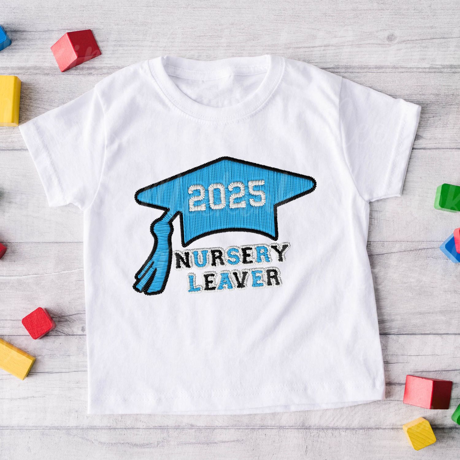 Faux Embroidered Effect Personalised 2025 Nursery Leaver Blue DTF Decal