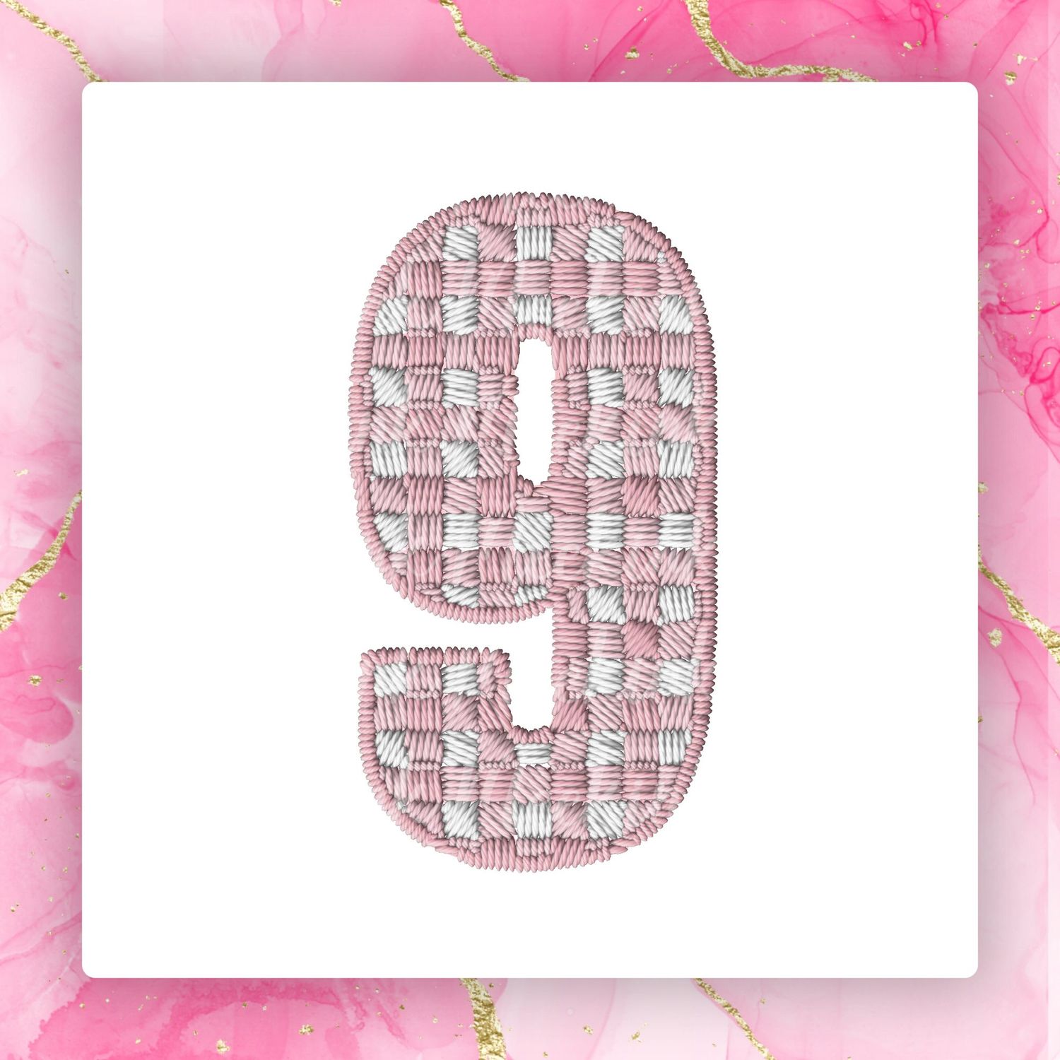 Faux Embroidery Effect Pink Gingham Number DTF Decal