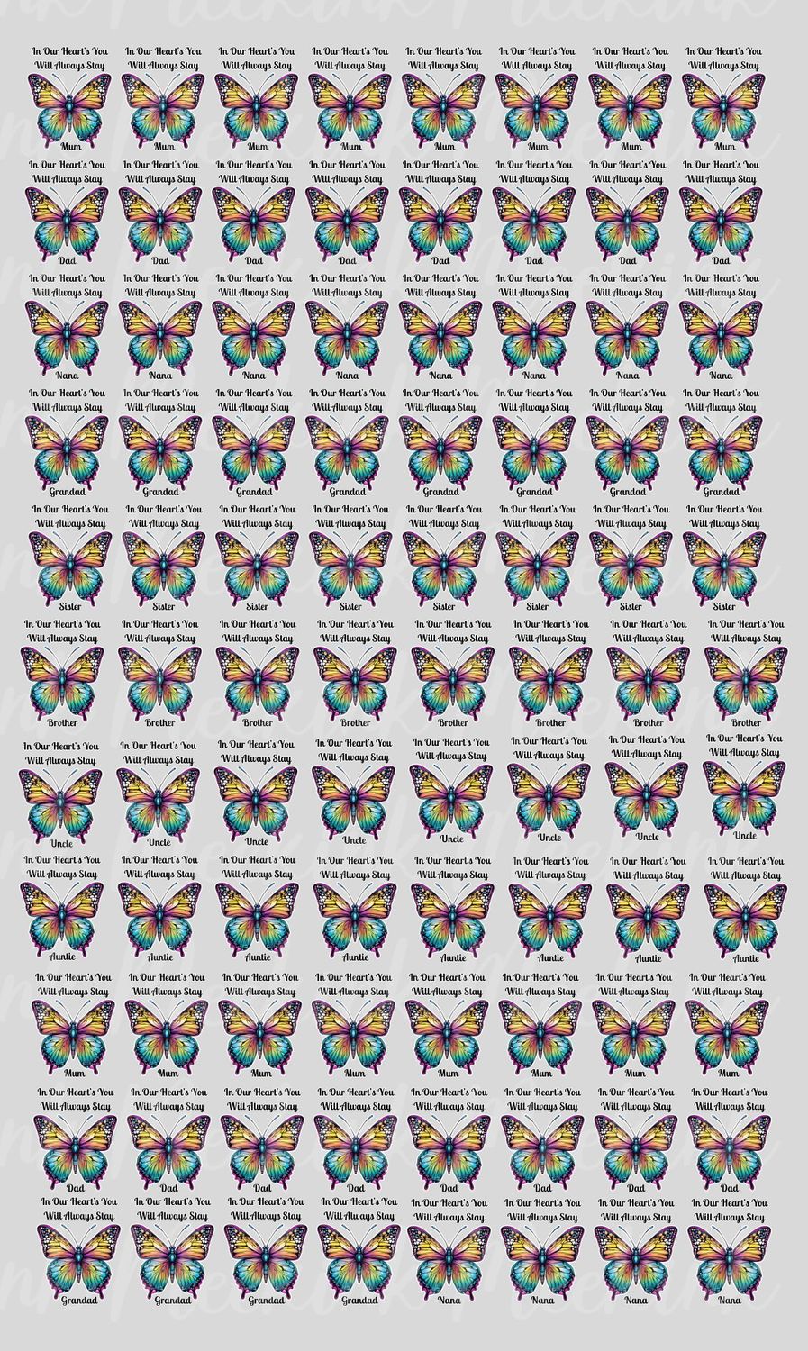 Butterfly Mixed Title Half Meter Sheet UVDTF or DTF Decal