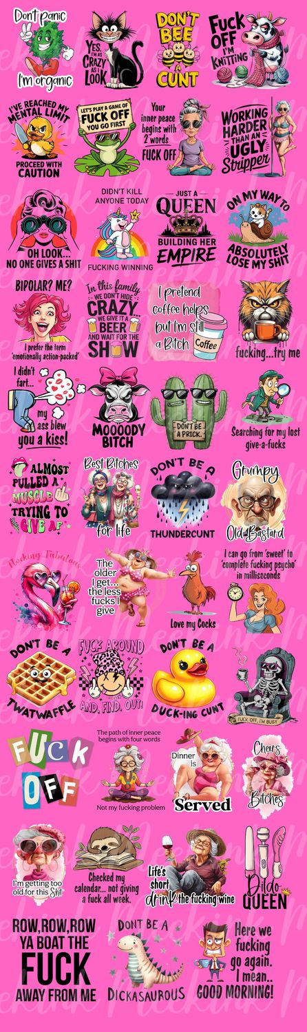 1 Meter Sarcastic/Sweary Sheet UVDTF or DTF Decals