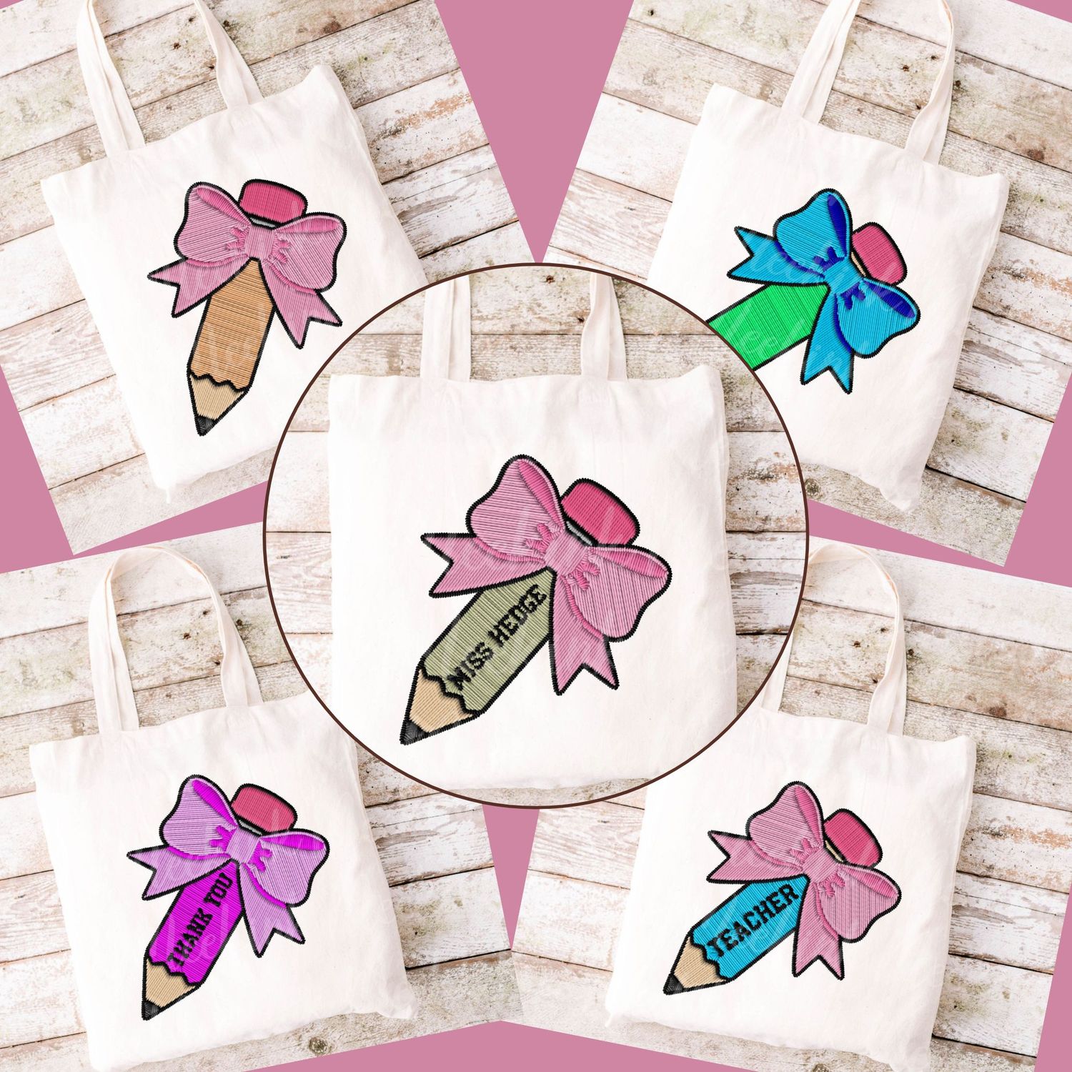 Choose Your Colour Faux Embroidered Effect Personalised Teacher Bow Pencil DTF Decal