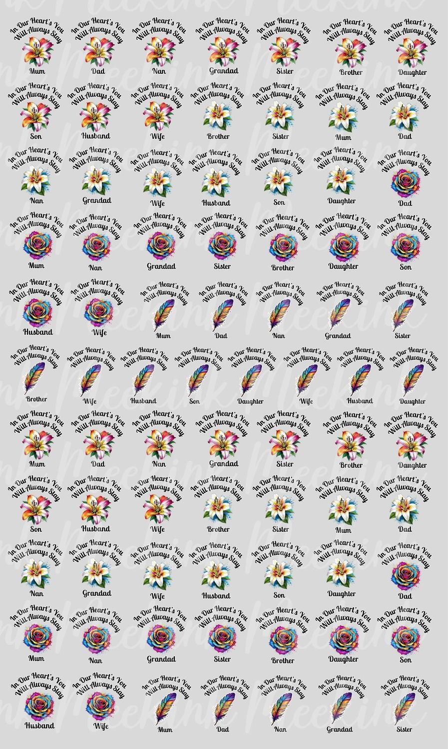 Flower&#39;s &amp; Feather&#39;s Mixed Title Half Meter Sheet UVDTF or DTF Decal