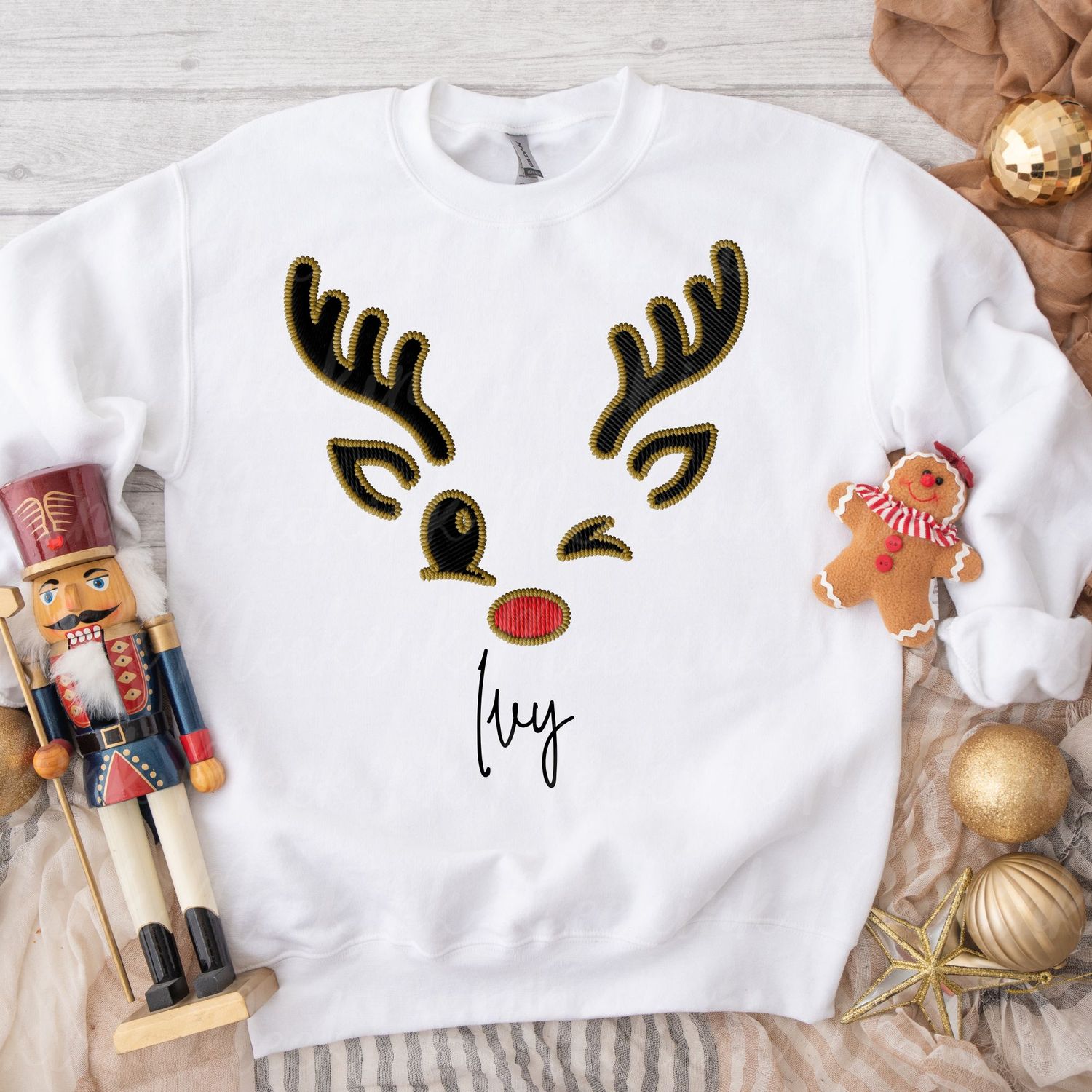 Faux Embroidery Reindeer Antler Colourful Nose DTF Decal