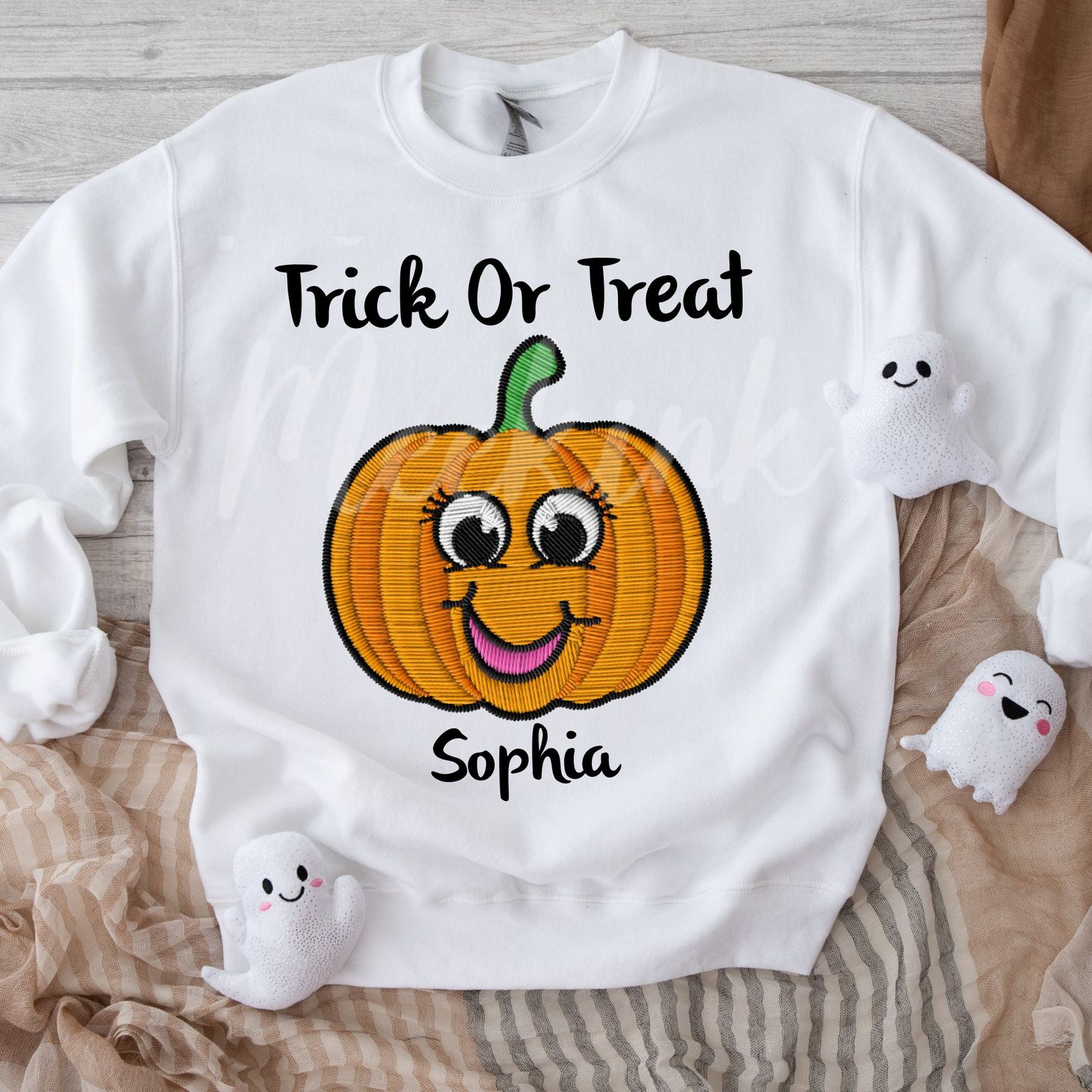 Faux Embroidery Trick Or Treat Pumpkin Girl DTF Decal