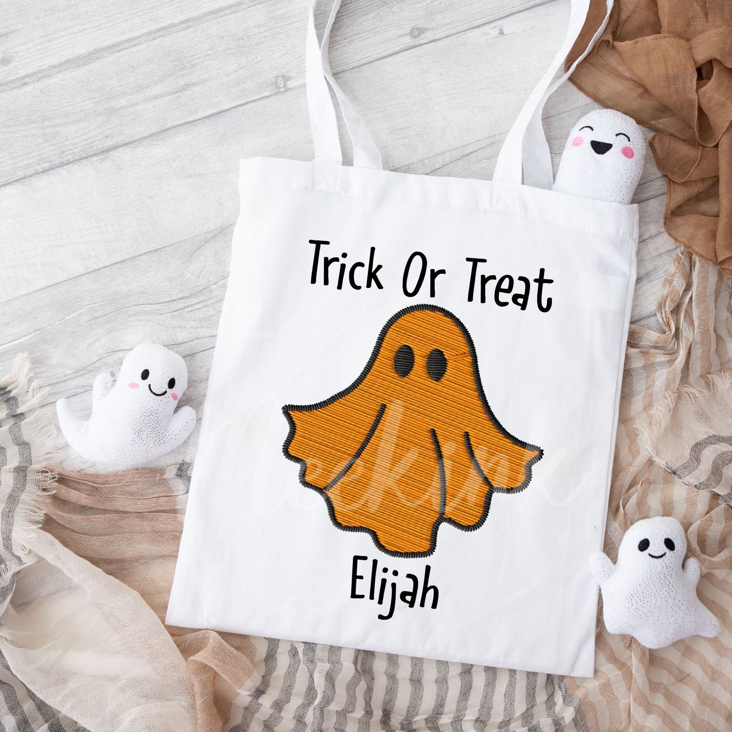 Faux Embroidery Orange Ghost Trick Or Treat DTF Decal