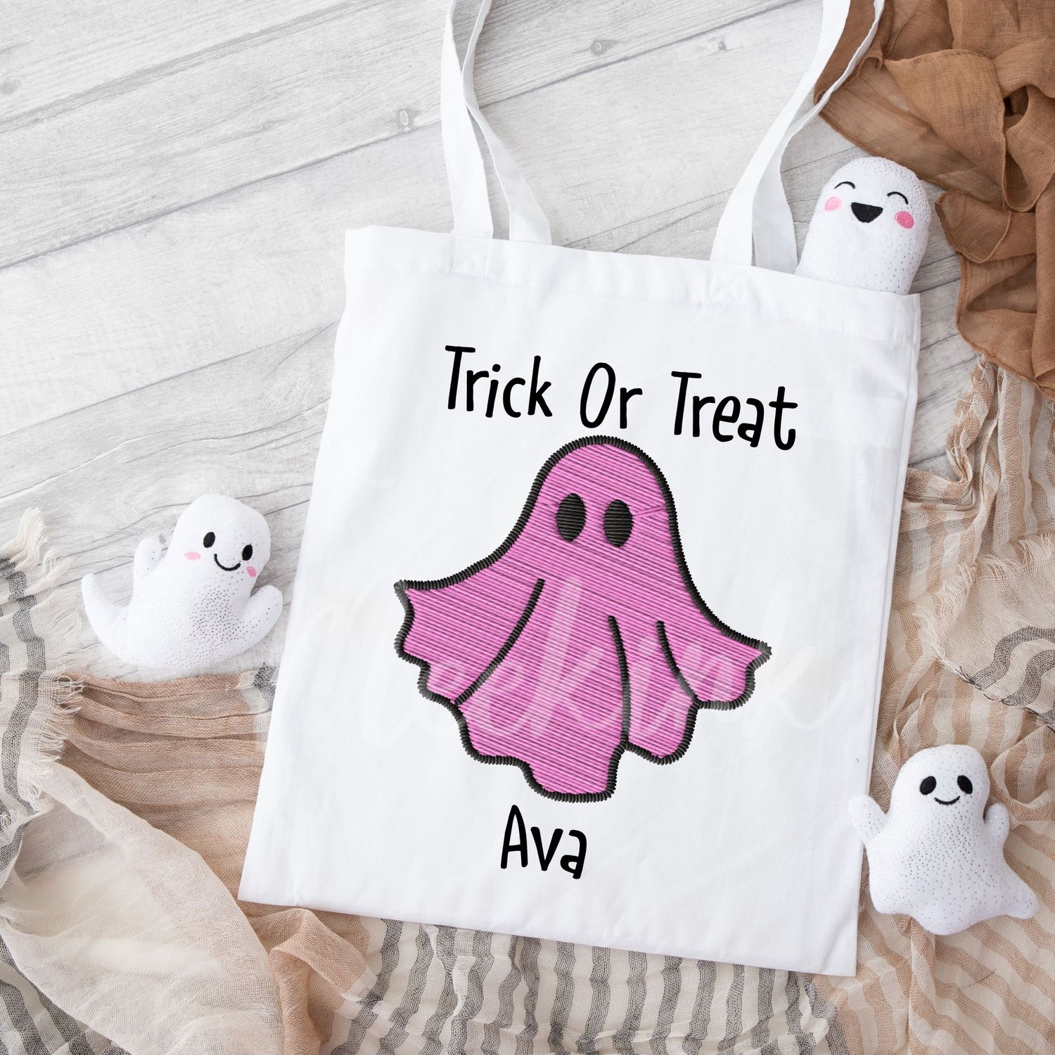 Faux Embroidery Pink Ghost Trick Or Treat DTF Decal