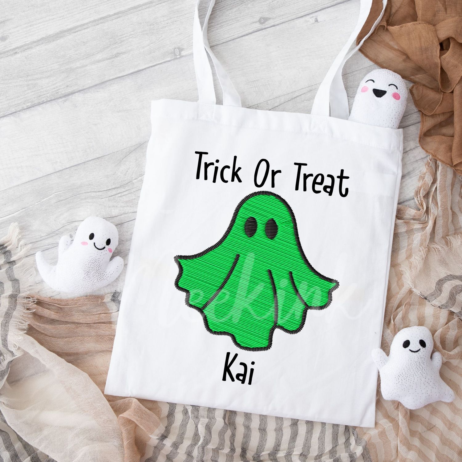 Faux Embroidery Green Ghost Trick Or Treat DTF Decal