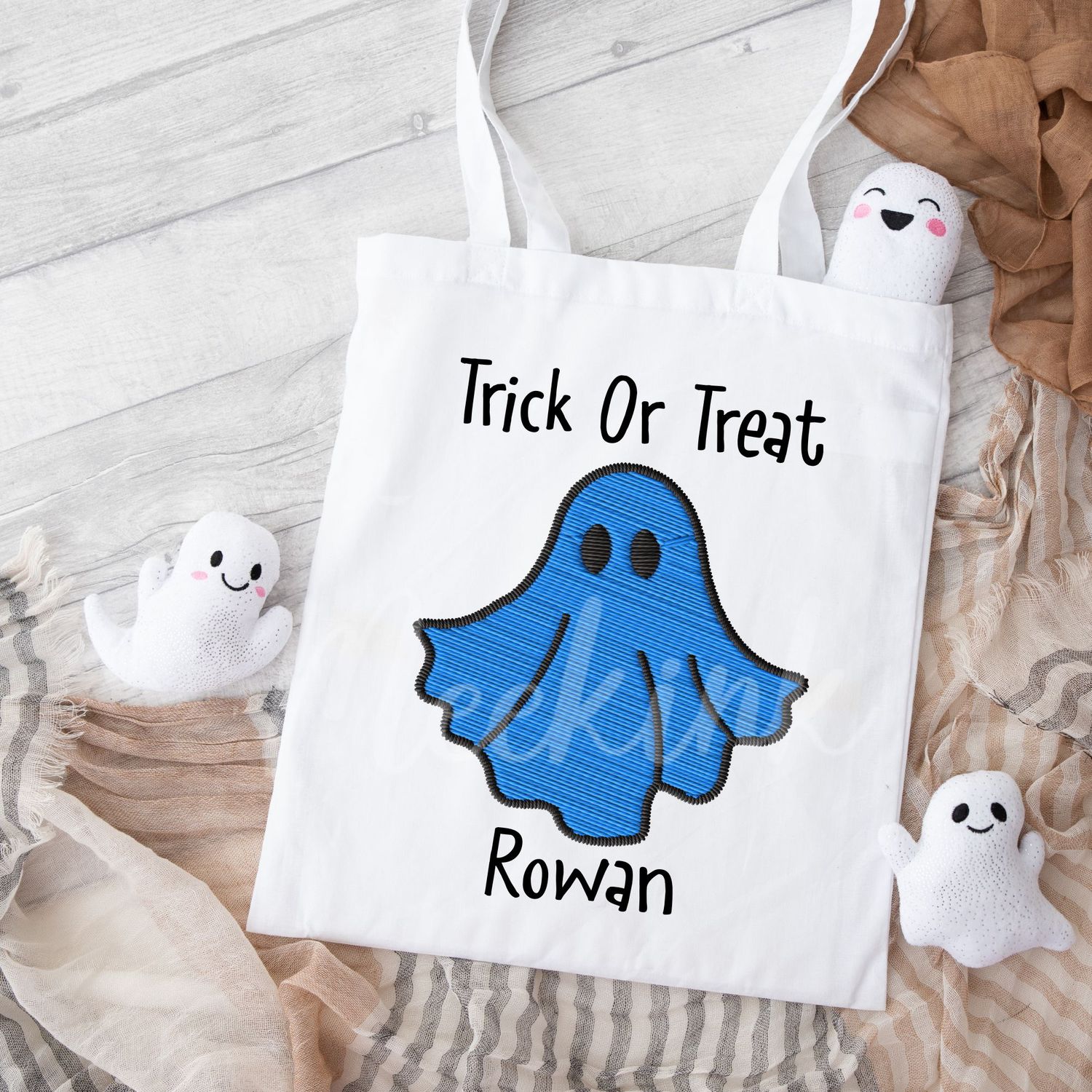 Faux Embroidery Blue Ghost Trick Or Treat DTF Decal