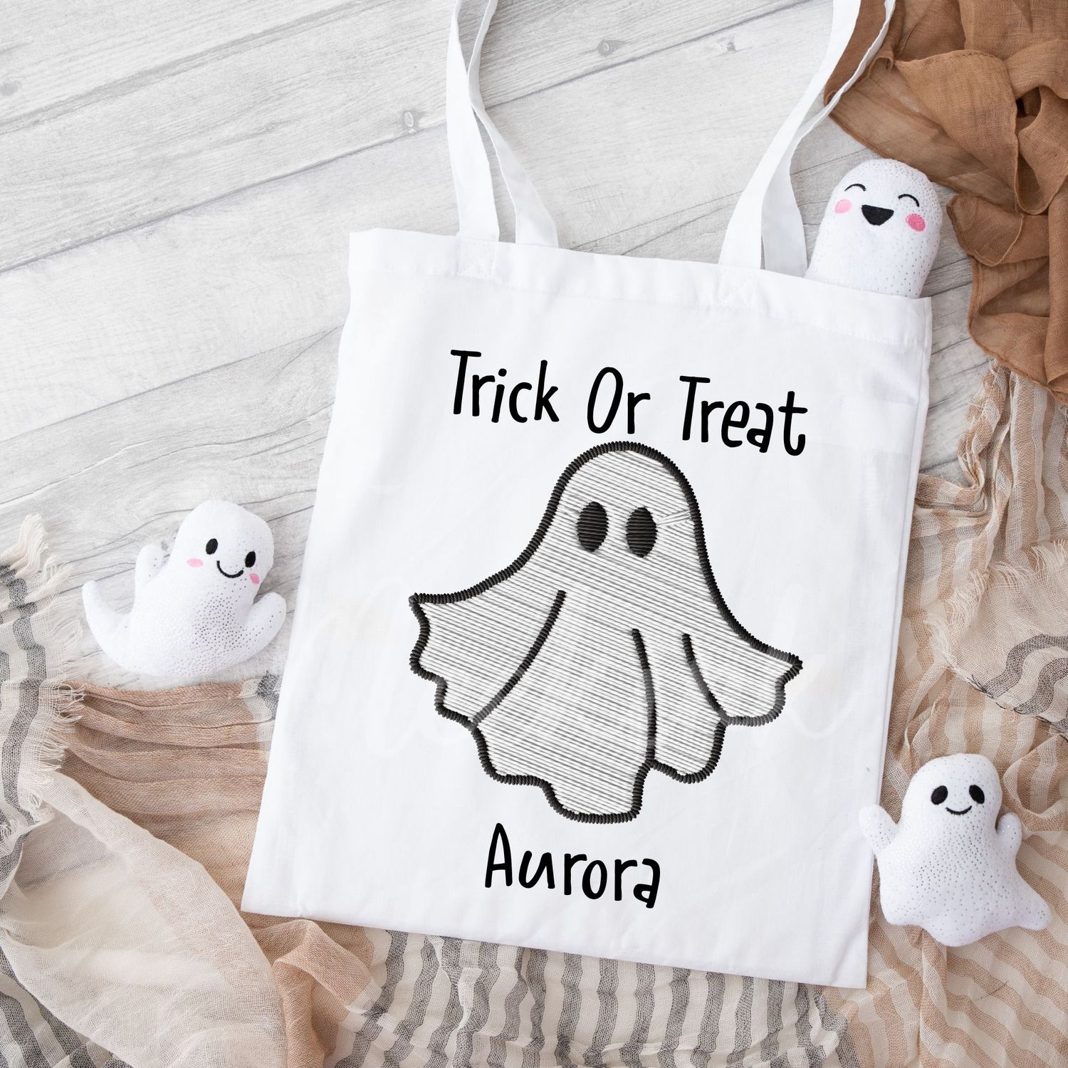 Faux Embroidery White/Grey Ghost Trick Or Treat DTF Decal