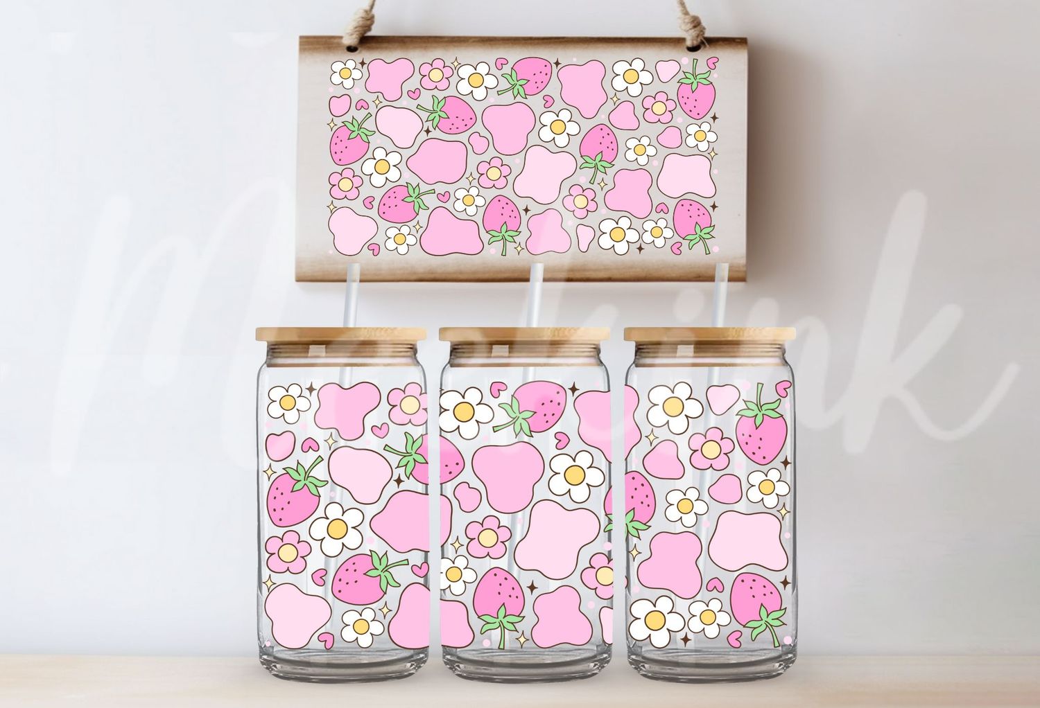 Strawberry Cow Print 16oz UVDTF Wrap