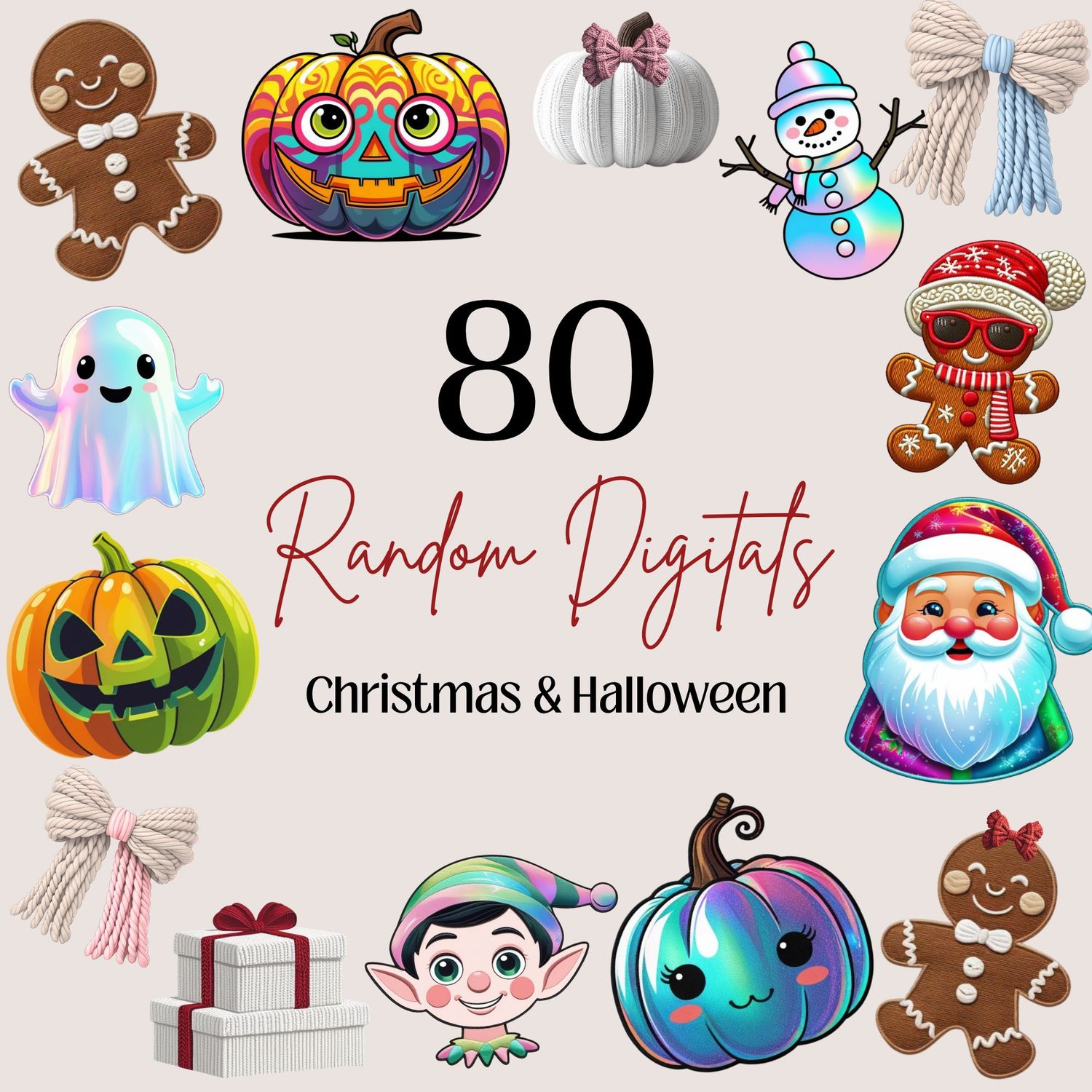 80 x Christmas &amp; Halloween Random Digital Designs PNG