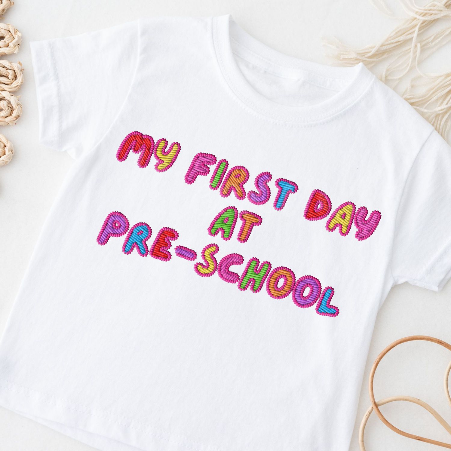 Faux Embroidered Effect My First Day Pre-school Multi Colour Pink DTF Decal