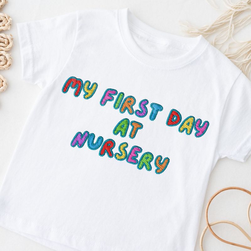 Faux Embroidered Effect My First Day At Nursery Multi Colour Blue DTF Decal