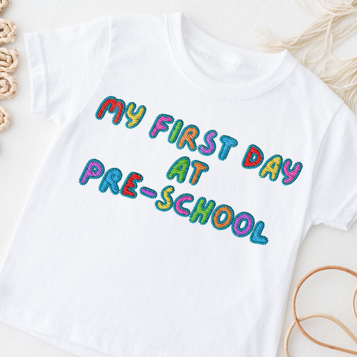 Faux Embroidered Effect My First Day Pre-school Multi Colour Blue DTF Decal