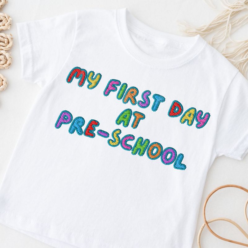 Faux Embroidered Effect My First Day Pre-school Multi Colour Blue DTF Decal