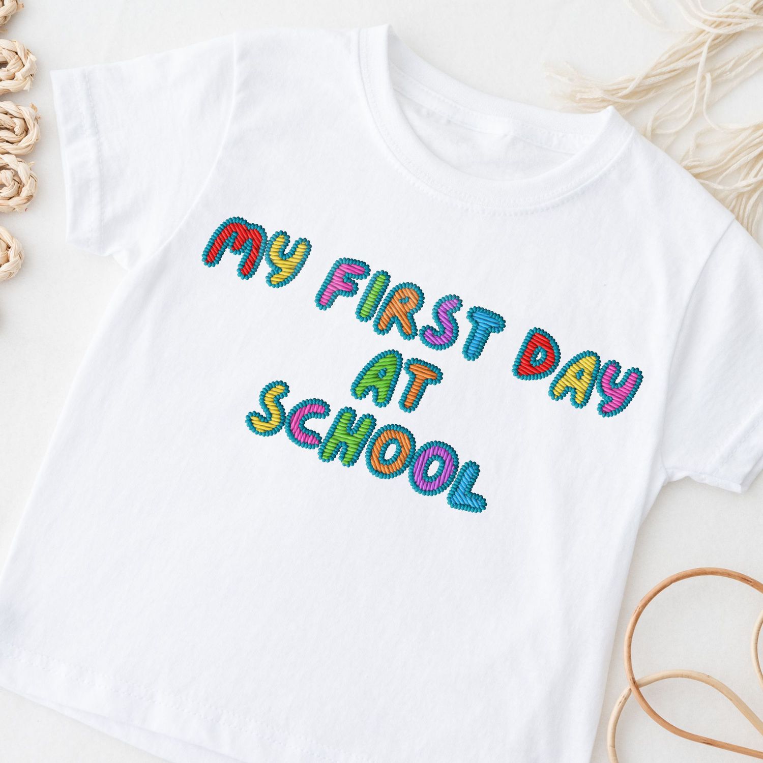 Faux Embroidered Effect My First Day At School Multi Colour Blue DTF Decal