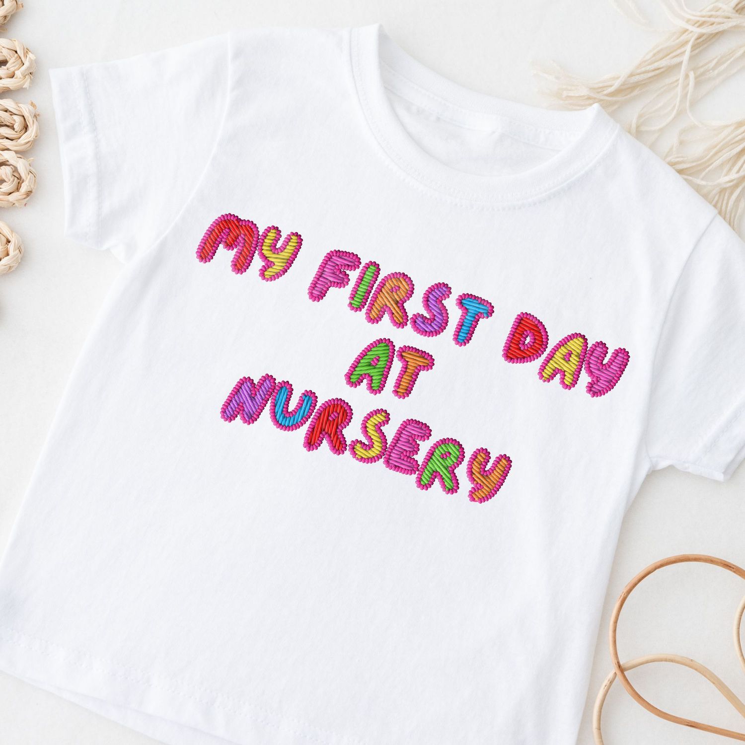 Faux Embroidered Effect My First Day At Nursery Multi Colour Pink DTF Decal