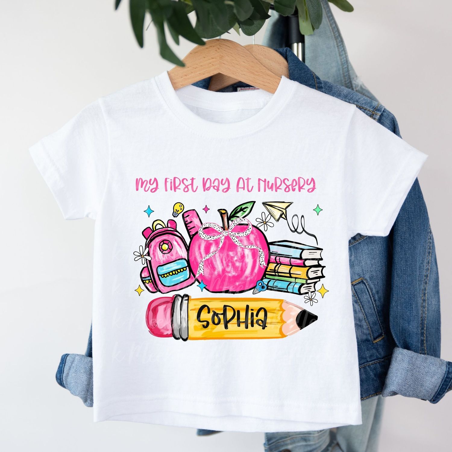 My First Day At Nursery Pink Apple Pencil Personalised DTF Decal